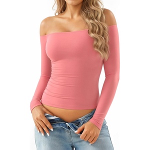 image:imageMANGOPOP Off The Shoulder Tops for Women Sexy Long Sleeve T Shirt Slim Fitted Tee Casual Blouse Going Out TopsD02 Pink