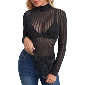 image:imageMANGOPOP Womens Mesh Tops Long Sleeve Sheer Top Sexy Stretchy See Through Striped Shirts Going Out Basic Tee BlouseBlack Striped