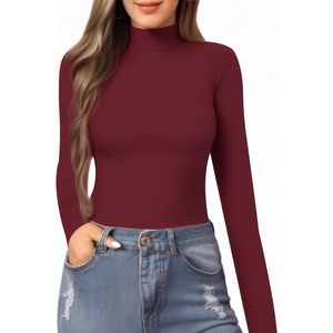 image:imageMANGOPOP Womens Mock Turtle Neck Slim Fit Long Sleeve Shirts Fall Fashion Tight Tops Basic Tee Winter Undershirt07 Burgundy