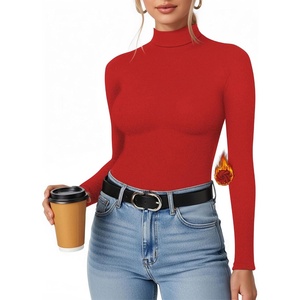 image:imageMANGOPOP Womens Mock Turtleneck Long Sleeve Shirt Fall Outfits Fashion Thermal Undershirt Basic Tops Fleece Lined Tee 2025Red