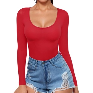 image:imageMANGOPOP Womens Scoop Neck Short Sleeve Long Sleeve Slim Fit T Shirt Tunic Tops Tee03 Long Sleeve Red