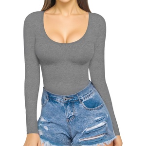 image:imageMANGOPOP Womens Scoop Neck Short Sleeve Long Sleeve Slim Fit T Shirt Tunic Tops TeeLong Sleeve Dark Heather Grey