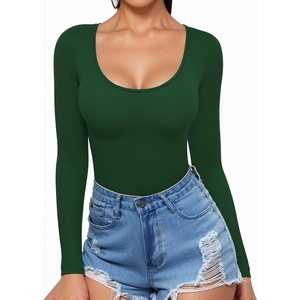 image:imageMANGOPOP Womens Scoop Neck Short Sleeve Long Sleeve Slim Fit T Shirt Tunic Tops TeeLong Sleeve Deep Green