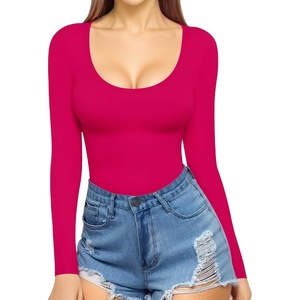 image:imageMANGOPOP Womens Scoop Neck Short Sleeve Long Sleeve Slim Fit T Shirt Tunic Tops TeeLong Sleeve Rose Pink