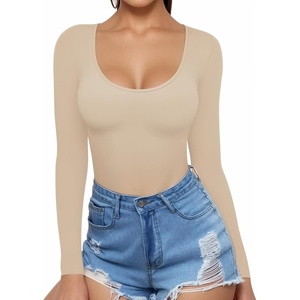 image:imageMANGOPOP Womens Scoop Neck Short Sleeve Long Sleeve Slim Fit T Shirt Tunic Tops TeeLong Sleeve Semolina