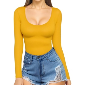 image:imageMANGOPOP Womens Scoop Neck Short Sleeve Long Sleeve Slim Fit T Shirt Tunic Tops TeeLong Sleeve Yellow