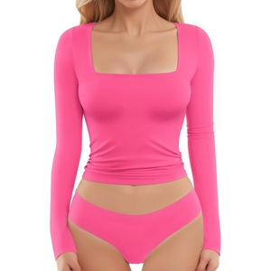 image:imageMANGOPOP Womens Square Neck Top Double Lined Short Sleeve Long Sleeve T Shirt Fitted Seamless TeeC8 Long Sleeve Blush