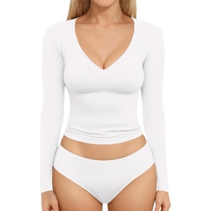 image:imageMANGOPOP Womens V Neck Long Sleeve Fitted TShirtA02 Long Sleeve White