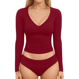 image:imageMANGOPOP Womens V Neck Long Sleeve Fitted TShirtB02 Long Sleeve Burgundy
