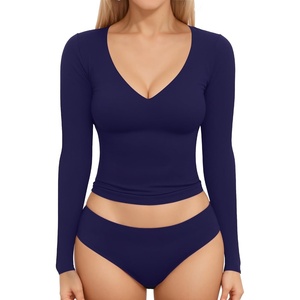 image:imageMANGOPOP Womens V Neck Long Sleeve Fitted TShirtB04 Long Sleeve Deep Blue