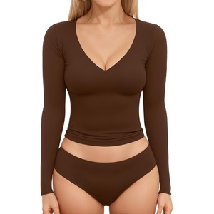 image:imageMANGOPOP Womens V Neck Long Sleeve Fitted TShirtB05 Long Sleeve Coffee