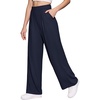 image:imageMANGOPOP Wide Leg Pants Woman High Waisted Stretchy Work Pants Waffle Knit Slacks Trousers for Business CasualDeep Blue Standard