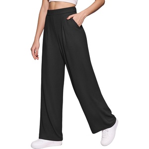 image:imageMANGOPOP Wide Leg Pants Woman High Waisted Stretchy Work Pants Waffle Knit Slacks Trousers for Business CasualAblack Standard