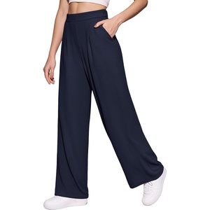 image:imageMANGOPOP Wide Leg Pants Woman High Waisted Stretchy Work Pants Waffle Knit Slacks Trousers for Business CasualDeep Blue Standard