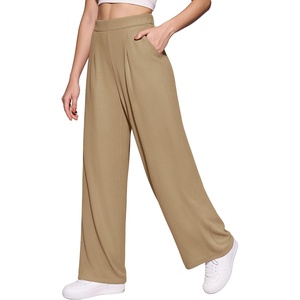 image:imageMANGOPOP Wide Leg Pants Woman High Waisted Stretchy Work Pants Waffle Knit Slacks Trousers for Business CasualKhaki Petite