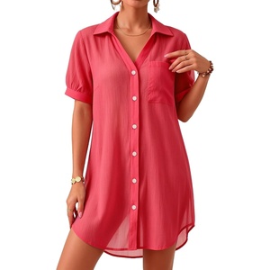 image:imageMANGOPOP Women Swimsuit Coverup Button Down Shirt Side Split Bathing Suit Cover Up Beach Cover Ups Vacation OutfitsRose Pink
