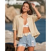 image:imageMANGOPOP Womens Button Down Shirt Ruffle 34 Sleeve Summer Tops Dressy Casual Cropped Striped BlousesKhaki
