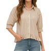 image:imageMANGOPOP Womens Button Down Shirt Ruffle 34 Sleeve Summer Tops Dressy Casual Cropped Striped BlousesKhaki