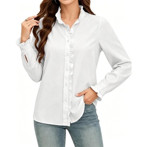image:imageMANGOPOP Button Down Shirts for Women Long Sleeve Ruffle Blouses Business Casual Tops 2026 Trendy OutfitAwhite
