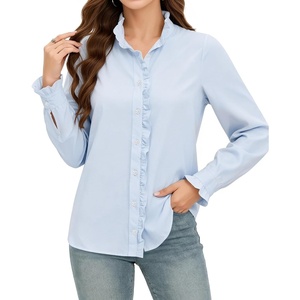 image:imageMANGOPOP Button Down Shirts for Women Long Sleeve Ruffle Blouses Business Casual Tops 2026 Trendy OutfitBlue