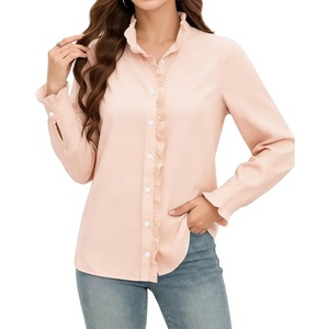 image:imageMANGOPOP Button Down Shirts for Women Long Sleeve Ruffle Blouses Business Casual Tops 2026 Trendy OutfitPink