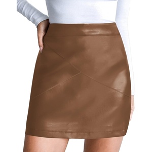 image:imageMANGOPOP Women Basic High Waisted Mini Short Pencil Bodycon Faux Leather SkirtBrownmgs015