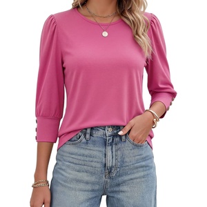 image:imageMANGOPOP Womens 34 Sleeve Puff Tunic Tops Dressy Casual Soft Stretchy Wrinkle Resistant Blouses For Work DailyCoral
