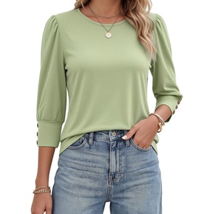 image:imageMANGOPOP Womens 34 Sleeve Puff Tunic Tops Dressy Casual Soft Stretchy Wrinkle Resistant Blouses For Work DailySage Green