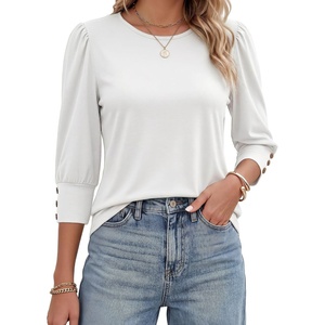 image:imageMANGOPOP Womens 34 Sleeve Puff Tunic Tops Dressy Casual Soft Stretchy Wrinkle Resistant Blouses For Work DailyWhite