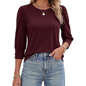 image:imageMANGOPOP Womens 34 Sleeve Puff Tunic Tops Dressy Casual Soft Stretchy Wrinkle Resistant Blouses For Work DailyWine Red