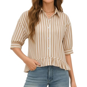 image:imageMANGOPOP Womens Button Down Shirt Ruffle 34 Sleeve Summer Tops Dressy Casual Cropped Striped BlousesKhaki