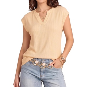 image:imageMANGOPOP Womens V Neck Cap Sleeve Tunic Tops Ribbed Textured Blouses Stretch Wrinkle Free Casual Dressy Shirts for WorkApricot