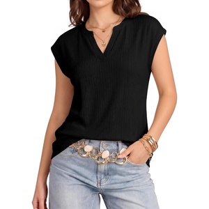 image:imageMANGOPOP Womens V Neck Cap Sleeve Tunic Tops Ribbed Textured Blouses Stretch Wrinkle Free Casual Dressy Shirts for WorkBlack