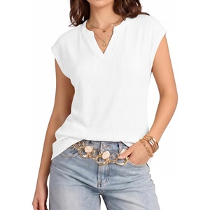 image:imageMANGOPOP Womens V Neck Cap Sleeve Tunic Tops Ribbed Textured Blouses Stretch Wrinkle Free Casual Dressy Shirts for WorkWhite