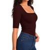 image:imageMANGOPOP Womens Half Sleeve Square Neck Top Mid Elbow 34 Sleeve T Shirts Going Out Casual Trendy 2026Burgundy