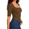 image:imageMANGOPOP Womens Half Sleeve Square Neck Top Mid Elbow 34 Sleeve T Shirts Going Out Casual Trendy 2026Coffee