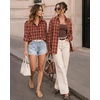 image:imageMANGOPOP Womens Plaid Flannel Button Down Shirt RollTab Long Sleeve Loose Fit Top Stretch Business Casual Work BlouseRed