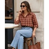 image:imageMANGOPOP Womens Plaid Flannel Button Down Shirt RollTab Long Sleeve Loose Fit Top Stretch Business Casual Work BlouseRed