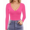 image:imageMANGOPOP Womens V Neck Long Sleeve Fitted TShirtB06 Long Sleeve Pink