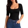 image:imageMANGOPOP Womens Half Sleeve Square Neck Top Mid Elbow 34 Sleeve T Shirts Going Out Casual Trendy 2026Black