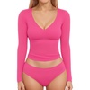 image:imageMANGOPOP Womens V Neck Long Sleeve Fitted TShirtB06 Long Sleeve Pink