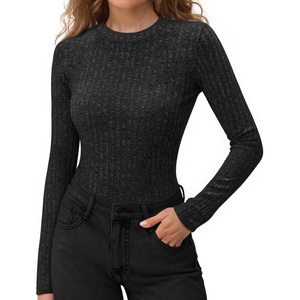 image:imageMANGOPOP Long Sleeve Shirts for Women Thermal Ribbed Crew Neck Lightweight Sweater Fitted Fall Winter Womens Tops 2025 TrendyBlack Gray