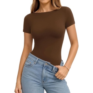 image:imageMANGOPOP Short Sleeve Boat Neck Tops for Women Fitted Tight Shirts Summer Y2k Basic Tops 2026 Spring OutfitsBrown Coffee