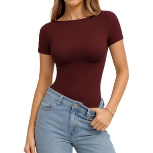 image:imageMANGOPOP Short Sleeve Boat Neck Tops for Women Fitted Tight Shirts Summer Y2k Basic Tops 2026 Spring OutfitsBurgundy