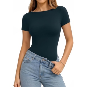 image:imageMANGOPOP Short Sleeve Boat Neck Tops for Women Fitted Tight Shirts Summer Y2k Basic Tops 2026 Spring OutfitsDeep Blue