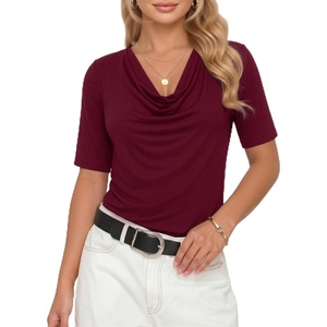 image:imageMANGOPOP Womens Half Sleeve Cowl Neck Top Mid Elbow 34 Sleeve T Shirts Going Out Casual Dressy Blouses 2026Burgundy