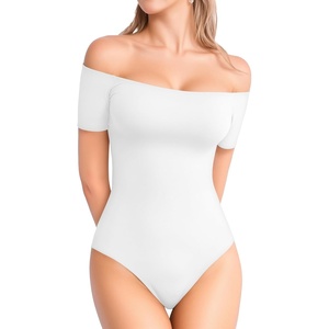 image:imageMANGOPOP Womens Off The Shoulder Short Sleeve Bodysuit Backless Body Suit Tops White XL
