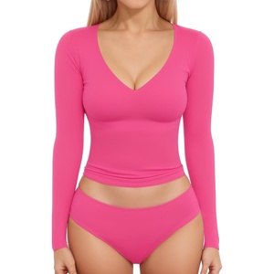 image:imageMANGOPOP Womens V Neck Long Sleeve Fitted TShirtB06 Long Sleeve Pink