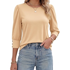 image:imageMANGOPOP Womens 34 Sleeve Puff Tunic Tops Dressy Casual Soft Stretchy Wrinkle Resistant Blouses For Work DailyApricot