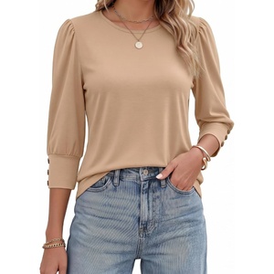 image:imageMANGOPOP Womens 34 Sleeve Puff Tunic Tops Dressy Casual Soft Stretchy Wrinkle Resistant Blouses For Work DailyLight Camel